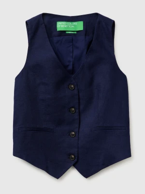 Benetton, 100% Linen Vest, Dark Blue, Women United Colors of Benetton