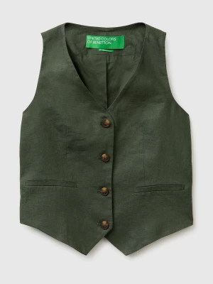 Benetton, 100% Linen Vest, Military Green, Women United Colors of Benetton