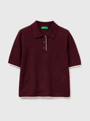Benetton, 100% Merino Wool Polo Shirt, Size: XS, Burgundy, Women United Colors of Benetton