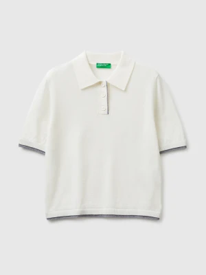 Benetton, 100% Merino Wool Polo Shirt, Size: S, Creamy White, Women United Colors of Benetton