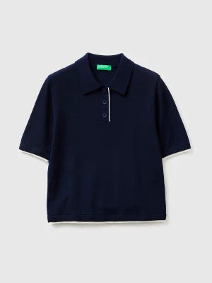 Benetton, 100% Merino Wool Polo Shirt, Size: XS, Dark Blue, Women United Colors of Benetton