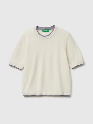 Benetton, 100% Merino Wool Short-sleeved Shirt, Size: XS, Creamy White, Women United Colors of Benetton