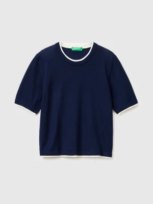 Benetton, 100% Merino Wool Short-sleeved Shirt, Size: XS, Dark Blue, Women United Colors of Benetton