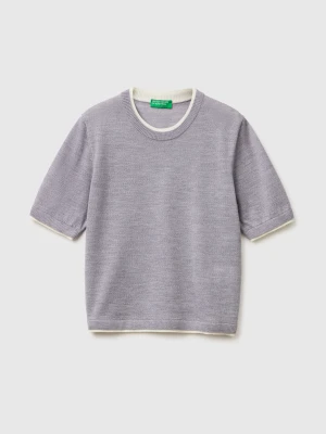 Benetton, 100% Merino Wool Short-sleeved Shirt, Size: XS, Light Gray, Women United Colors of Benetton
