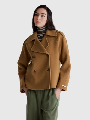 Benetton, 100% Wool Double-breasted Coat, Beige, Women United Colors of Benetton