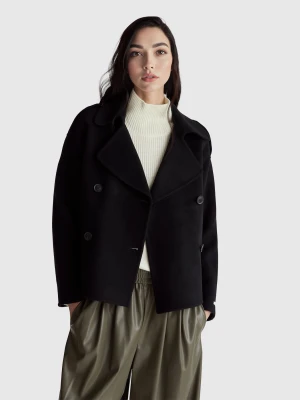 Benetton, 100% Wool Double-breasted Coat, Black, Women United Colors of Benetton
