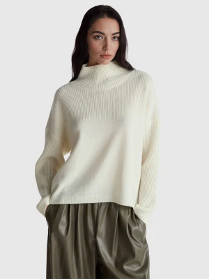 Benetton, 100% Wool High Neck Sweater, Size: XS-S, Creamy White, Women United Colors of Benetton