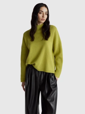 Benetton, 100% Wool High Neck Sweater, Size: L-XL, Lime, Women United Colors of Benetton