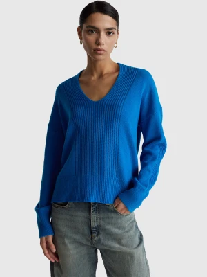 Benetton, 100% Wool V-neck Sweater, Size: XS, Blue, Women United Colors of Benetton