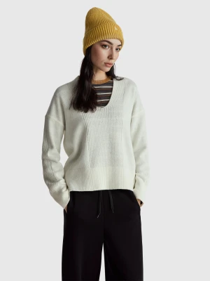 Benetton, 100% Wool V-neck Sweater, Size: XS, Creamy White, Women United Colors of Benetton