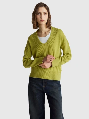 Benetton, 100% Wool V-neck Sweater, Size: XS, Lime, Women United Colors of Benetton