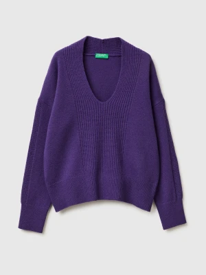 Benetton, 100% Wool V-neck Sweater, Size: XS, Violet, Women United Colors of Benetton