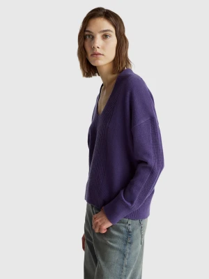 Benetton, 100% Wool V-neck Sweater, Size: XS, Violet, Women United Colors of Benetton