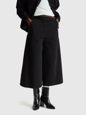 Benetton, 3/4 Length Cotton Wide Trousers, Black, Women United Colors of Benetton