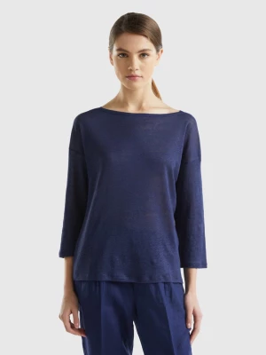Benetton, 3/4 Sleeve T-shirt In Pure Linen, size L, Dark Blue, Women United Colors of Benetton