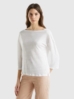 Benetton, 3/4 Sleeve T-shirt In Pure Linen, size L, White, Women United Colors of Benetton