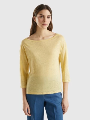 Benetton, 3/4 Sleeve T-shirt In Pure Linen, size L, Yellow, Women United Colors of Benetton