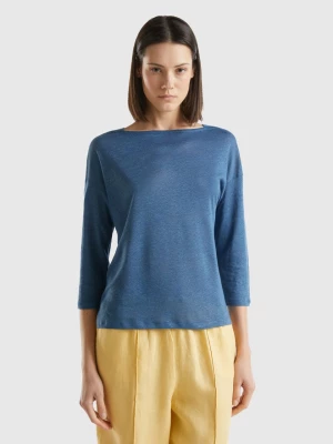 Benetton, 3/4 Sleeve T-shirt In Pure Linen, size M, Air Force Blue, Women United Colors of Benetton