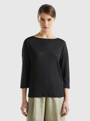 Benetton, 3/4 Sleeve T-shirt In Pure Linen, size XL, Black, Women United Colors of Benetton