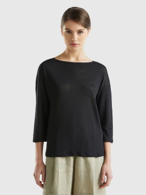 Benetton, 3/4 Sleeve T-shirt In Pure Linen, size XS, Black, Women United Colors of Benetton