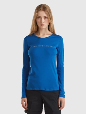 Benetton, Air Force Blue Long Sleeve T-shirt In 100% Cotton, size L, Air Force Blue, Women United Colors of Benetton