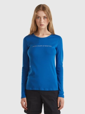 Benetton, Air Force Blue Long Sleeve T-shirt In 100% Cotton, size M, Air Force Blue, Women United Colors of Benetton