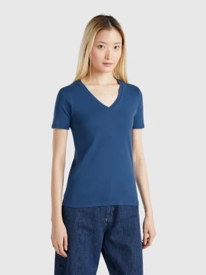 Benetton, Air Force Blue Pure Cotton T-shirt With V-neck, size XXS, Air Force Blue, Women United Colors of Benetton