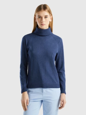 Benetton, Air Force Blue Turtleneck Sweater In Cashmere And Wool Blend, size L, Air Force Blue, Women United Colors of Benetton