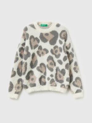 Benetton, Animal Print Sweater In Furry Yarn, Size: 116, Creamy White, Kids United Colors of Benetton