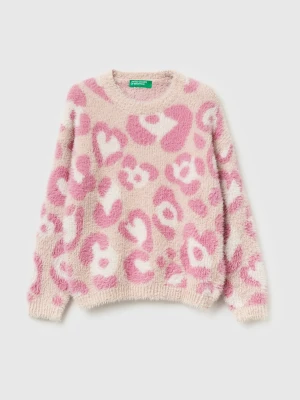 Benetton, Animal Print Sweater In Furry Yarn, Size: 116, Soft Pink, Kids United Colors of Benetton