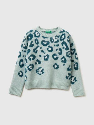 Benetton, Animal Print Sweater In Wool Blend, Size: XL, Aqua, Kids United Colors of Benetton