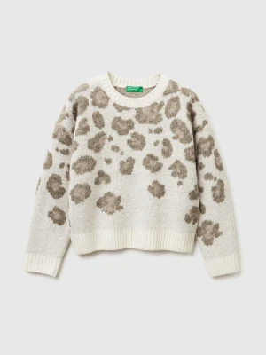 Benetton, Animal Print Sweater In Wool Blend, Size: S, Creamy White, Kids United Colors of Benetton