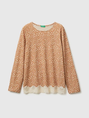 Benetton, Animal Print Top With Lace, Size: XXS, Camel, Women United Colors of Benetton