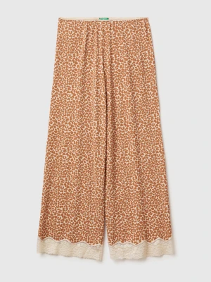 Benetton, Animal Print Trousers With Lace, Size: XXS, Camel, Women United Colors of Benetton