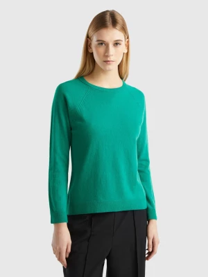 Benetton, Aqua Green Crew Neck Sweater In Wool And Cashmere Blend, size L, Aqua, Women United Colors of Benetton