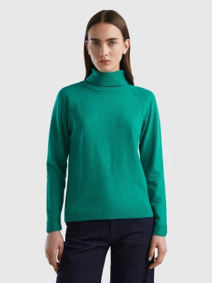 Benetton, Aqua Green Turtleneck Sweater In Cashmere And Wool Blend, size XL, Aqua, Women United Colors of Benetton