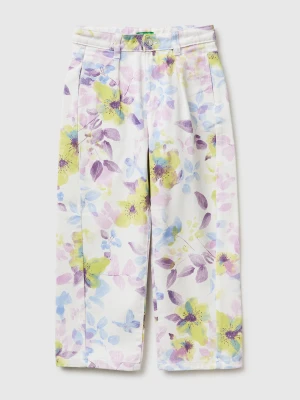 Benetton, Baggy Fit Floral Trousers, Size: XL, White, Kids United Colors of Benetton