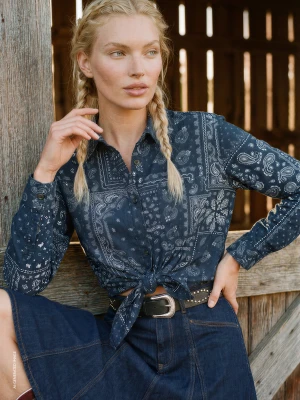 Benetton, Bandana Print Shirt With Knot, Size: XS, Blue, Women United Colors of Benetton