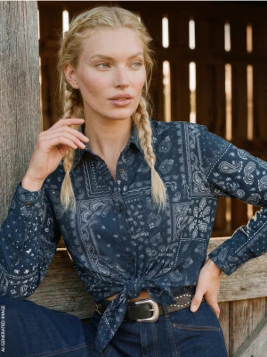 Benetton, Bandana Print Shirt With Knot, Size: XS, Blue, Women United Colors of Benetton