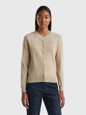 Benetton, Beige Crew Neck Cardigan In Pure Merino Wool, size S, Beige, Women United Colors of Benetton