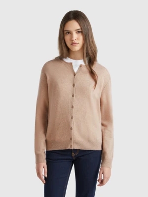 Benetton, Beige Crew Neck Cardigan In Pure Merino Wool, size XS, Beige, Women United Colors of Benetton