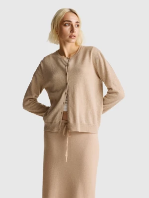 Benetton, Beige Crew Neck Cardigan In Pure Merino Wool, Size: XXS, Beige, Women United Colors of Benetton