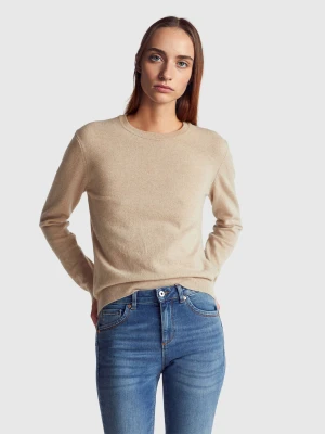 Benetton, Beige Crew Neck Sweater In Pure Merino Wool, Size: XXS, Beige, Women United Colors of Benetton