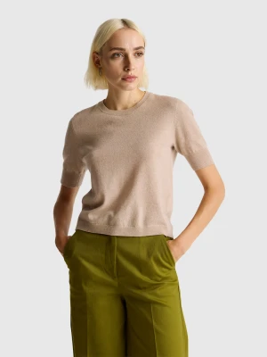 Benetton, Beige Short Sleeve Sweater In Pure Merino Wool, Size: XXS, Beige, Women United Colors of Benetton