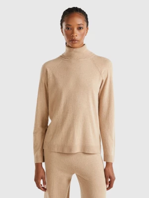 Benetton, Beige Turtleneck In Cashmere And Wool Blend, size L, Beige, Women United Colors of Benetton