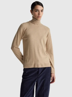 Benetton, Beige Turtleneck Sweater In Cashmere And Wool Blend, Size: XXS, Beige, Women United Colors of Benetton
