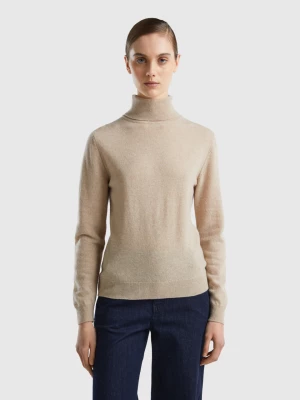 Benetton, Beige Turtleneck Sweater In Pure Merino Wool, size XL, Beige, Women United Colors of Benetton