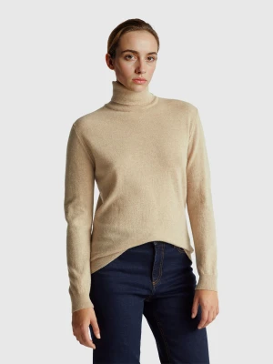 Benetton, Beige Turtleneck Sweater In Pure Merino Wool, Size: XXS, Beige, Women United Colors of Benetton