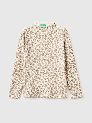 Benetton, Beige Turtleneck T-shirt With Animal Print, Size: XL, Brown, Kids United Colors of Benetton