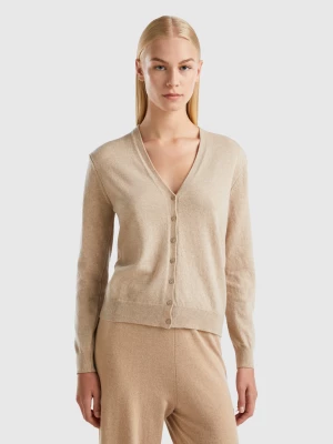 Benetton, Beige V-neck Cardigan In Pure Merino Wool, size L, Beige, Women United Colors of Benetton